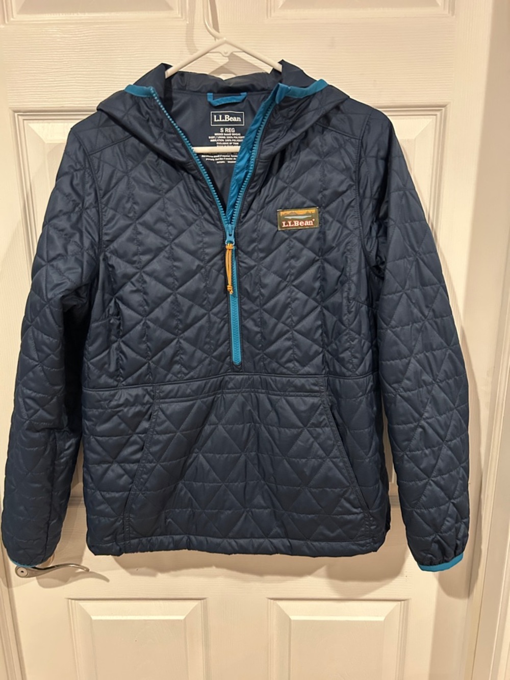 L.L. Bean Navy Quilted Hooded Pullover Jacket with Teal Accents